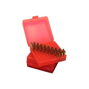 Krabička na náboje MTM Cases, Pistol/ Revolver, transparentná červená, 100ks